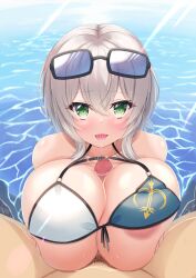 1boy 1girls 2021 areola_slip beach belly big_breasts bikini bikini_top blush breasts censored censored_penis cleavage eyebrows eyebrows_visible_through_hair eyelashes female green_eyes grey_hair hololive hololive_fantasy hololive_japan huge_breasts large_breasts light-skinned_female light-skinned_male light_skin liquid liquid_between_breasts looking_at_viewer male_pov male_pubic_hair miu_(tobiiiiiii/miu_ver2/miu0w0) mosaic_censoring navel official_alternate_costume paizuri paizuri_under_bikini penis penis_between_breasts pov pubic_hair saliva saliva_string saliva_trail shiny_skin shirogane_noel sunglasses sunglasses_on_forehead sunglasses_on_head sweat sweatdrop swimsuit_paizuri swimzuri thigh_strap tobiiiiiii tongue tongue_out virtual_youtuber