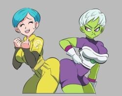 2girls armor ass ass_press ass_to_ass bent_over big_ass blue_hair breasts bulma_(jumpsuit) bulma_briefs bulma_briefs_(dragon_ball_super_super_hero) bulma_briefs_(dragon_ball_super_superhero) bulma_briefs_(super_super_hero) cheelai clothed dat_ass dragon_ball dragon_ball_super dragon_ball_super_super_hero eyelashes eyes_closed facing_viewer female female_only fully_clothed funsexydragonball gloves green_body green_skin hands_up jumpsuit legs looking_at_another multiple_girls nervous_smile nervous_sweat open_mouth open_smile pout pouting short_hair shounen_jump simple_background smile standing sweat tagme white_hair yellow_clothing