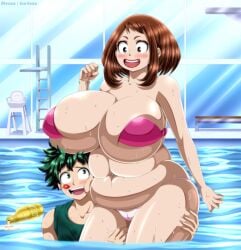 1boy 1girls alternate_version_at_source alternate_version_available belly belly_button big_ass big_breasts big_thighs bikini blush blush_lines boku_no_hero_academia bottle breasts breasts_bigger_than_head brown_eyes brown_hair canon_couple chubby chubby_female cum_in_bottle ero-enzo female green_eyes green_hair green_tank_top hands-free hands_on_thighs huge_breasts huge_thighs hyper_breasts izuku_midoriya large_breasts light_skin lipstick lipstick_mark lipstick_mark_on_face lipstick_on_cheek looking_at_partner lotion lotion_bottle male medium_hair messy_hair midoriya_izuku my_hero_academia ochako_uraraka pink_bra pink_panties pool red_lipstick rtenzo sweat sweating sweaty sweaty_body tank_top thick_thighs thighs uraraka_ochako