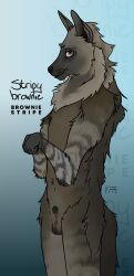 absurd_res animal_genitalia anthro balls brown_hyena english_text fully_sheathed genitals hi_res hyena looking_at_viewer male mammal sheath smile smiling_at_viewer smirk smirking_at_viewer solo strana_(artist) stripes text whiskers