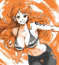 artist_name bikini bikini_top_only breasts brown_eyes cleavage collarbone commentary curvy earrings english_commentary female female_focus female_only grey_bikini grey_pants grin highres jeans jewelry large_breasts long_hair looking_at_viewer matching_hair/eyes missfaves nami nami_(one_piece) navel one_piece orange_background orange_eyes orange_hair orange_theme pants pearl_earrings post-timeskip shoulder_tattoo smile swimsuit tattoo wide_hips