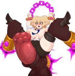 blonde_hair blush bound_wrists breasts_out clothed disembodied_hands disembodied_penis exposed_breasts horsecock huge_balls huge_breasts huge_cock idler_r imminent_sex legs_held_open lifted_by_penis lilli_upton monster_cock open_mouth shortstack smiling spread_legs thick_thighs thighhighs twintails white_background