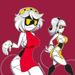 2d ass big_ass big_breasts big_thighs biggestfanart breasts butt drone female female_only glitch_productions j_(murder_drones) murder_drones red_background red_dress robot robot_girl short_hair side_view sideboob tail thick_hips thick_thighs thighs twintails v_(murder_drones) watermark white_hair yellow_dress yellow_eyes yellow_lights