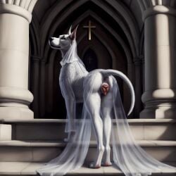 1girls ai_generated anus ass canine canine_pussy christian_cross claws cross director_firewolf female female_only feral feral_only grey_eyes inner_ear_fluff paws presenting presenting_hindquarters pussy raised_tail tail wedding_dress white_body white_fur