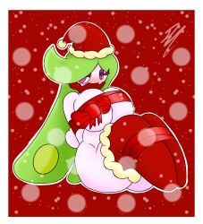 anime_girl big_breasts big_legs christmas christmas_hat green_hair neighter pink_eyes pokemon pokemon_(species) red_background red_outfit ribbon ribbons snow tsareena white_skin