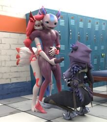 3d amphibian anthro ass axo_(fortnite) axolotl bear blender_cycles breasts canid canine epic_games female fortnite fox fur genitals group group_nudity group_sex hair kimiko_(fortnite) kimiko_five_tails male male/female mammal marine mole_salamander nude penis pink_hair purple_body raven_team_leader salamander scar sekken_(artist) sex tail threesome trio white_body white_fur