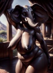 2023 ai_generated anthro big_ears black_nipples breasts elephant elephantid female furry genitals hi_res jewelry looking_at_viewer mammal marcus64 mature_female navel nipples nude proboscidean pussy sagging_breasts solo standing tagme