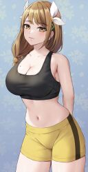 1girl 1girls 2020s 2024 absurdres amayo_thranana armpit_crease arms_behind_back bare_shoulders black_tank_top black_topwear blue_background blush blushing blushing_at_viewer braid breasts brown_eyes brown_hair cleavage closed_mouth collarbone commentary commission cowboy_shot crop_top eyelashes female female_only fire_emblem fire_emblem_engage flower front_view goldmary_(fire_emblem) gym_shorts hair_flower hair_ornament highres large_breasts light-skinned_female light_skin long_hair looking_at_viewer love manga midriff navel nintendo seductive shorts smile solo solo_female standing tank_top teenage_girl teenager two_tone_bottomwear two_tone_bottomwear_(blackandyellow) video_game_franchise