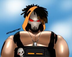 bandithrt big_breasts big_nipples bundle_(free_fire) character_(free_fire) dreadlocks free_fire gay_male hood hoodie male male_only mask masked_male muscular muscular_male necklace oiled_skin red_eyes sweat tattoo tattoos