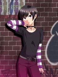 1boy black_hair blush clothed collar femboy feminine_male fully_clothed girly male male_only nagiichi original otoko_no_ko otokonoko painted_nails purple_eyes short_hair solo tagme tomgirl trap