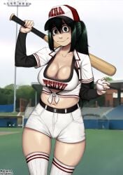 1girls baseball baseball_(ball) baseball_bat baseball_cap baseball_uniform belly big_breasts big_hips boku_no_hero_academia breasts chubby green_eyes green_hair hat long_hair long_sleeves looking_at_viewer madara_artworks my_hero_academia ponytail sfw shorts solo solo_female stadium stadium_background striped_legwear thighhighs thights tied_shirt tsuyu_asui white_skin wide_eyed wide_hips wide_mouth