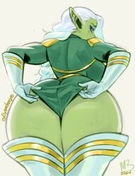 1girls alien alien_girl ass big_ass blue_eyes blue_eyeshadow braid eymbee female female_only foolymagooly freckles freckles_on_thighs gloves green_skin hi_res iora_(foolymagooly) legwear leotard long_hair looking_at_viewer looking_back looking_back_at_viewer pointy_ears rear_view solo thick_thighs white_hair