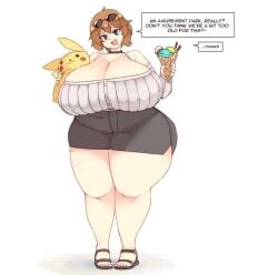 black_choker black_skirt choker cleavage huge_breasts ice_cream looking_at_viewer may_(pokemon) open_mouth pale-skinned_female pale_skin pikachu_plushie plushie pokemon rtil sandals short_skirt speech_bubble sunglasses sunglasses_on_head tall tall_female text white_topwear wholesome