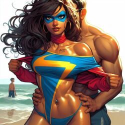 ai_generated background_character beach beachwear beard belly_button blonde_hair blonde_hair_male brown_eyes brown_hair brown_skin clouds dark-skinned_female dark_skin discord_(marvel) earrings female holding holding_from_behind joshua_richardson kamala_khan light-skinned_male light_skin male marvel marvel_comics mask ms._marvel ms._marvel_(kamala_khan) muscular muscular_male ocean piercing piercing_belly_button ring scarf sea seaside shiny_body shiny_skin sky summer sunglasses t-shirt trunks writing_on_body