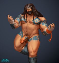 1boy 1male avc2paper bara bara_tiddies bara_tits barazoku beard beefy genital_tattoo hi_res highres league_of_legends long_hair long_hair_male male_only masculine muscular semi-erect smug_face solo sooxand tattooed_penis tattoos udyr