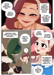 2girls bare_shoulders cleavage comic disguise ellie_skinsuit english_text evil_smile female green_hair impersonation imposter impunderneath low_cut_top original original_character page_34 possessed possession sfw story