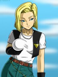 1girls 2023 android android_18 android_girl artist_name artist_signature badge big_breasts black_gloves black_vest blonde_female blonde_hair blonde_hair_female blue_eyes brown_belt clothed clothed_female clothes clothing clouds dragon_ball dragon_ball_z earring female female_focus female_only female_solo gloves gold_earrings grabbing grabbing_breasts grabbing_own_breast hoop_earrings looking_aside looking_pleasured pants pearl_necklace shiny shiny_body shiny_breasts shiny_clothes shiny_hair shiny_skin sky sky_background solo solo_female solo_focus sseanboy23 thighs vest watermark white_hair white_neckwear white_shirt