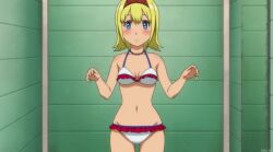 1girls bare_arms bare_legs bare_midriff bare_shoulders bare_thighs belly_button bikini bikini_bottom bikini_skirt bikini_top blonde_hair blue_eyes blue_necklace blushed_face changing_room cleavage female female_only hairband human light_skin midriff mirror navel necklace red_bikini_skirt reema_(suisei_no_gargantia) short_hair solo suisei_no_gargantia swimsuit swimwear thick_thighs white_bikini white_bikini_bottom white_bikini_top white_swimsuit white_swimwear