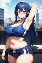 1girl 1girls 2020s 2024 adult adult_girl ai_generated arm_behind_head arm_up armpit armpit_fetish blue_eyes blush blushing cambionai character_request chubby chubby_female city clothed curvy day dolphin_shorts exhausted front_view legs_together light-skinned_female light_skin long_hair long_hair_female manga original original_character outdoors shiny_clothes shiny_clothing shiny_hair shiny_skin shorts side_slit solo solo_female standing sweat sweating sweaty tank_top tanktop thick_ass thick_legs thick_thighs two_tone_clothing two_tone_clothing_(blueandwhite)