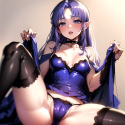 1girls 2024 ai_generated blush cameltoe caster_(fate/stay_night) choker elf_ears fate_(series) female female_focus female_only kxy leaning_back lipstick looking_at_viewer medea_(fate) negligee panties purple_hair purple_lipstick spread_legs stockings