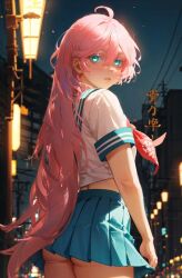 1girls 2d ai_generated ass female female_focus female_only green_eyes non_nude pink_hair pink_hair_female public sailor_uniform school_uniform schoolgirl senju_kawaragi tokyo_revengers