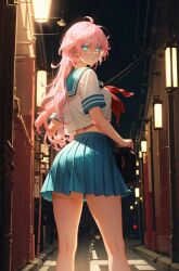 1girls 2d ai_generated ass female female_focus female_only green_eyes non_nude pink_hair pink_hair_female public sailor_uniform school_uniform schoolgirl senju_kawaragi tokyo_revengers