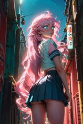 1girls 2d ai_generated ass female female_focus female_only green_eyes non_nude pink_hair pink_hair_female public sailor_uniform school_uniform schoolgirl senju_kawaragi tokyo_revengers