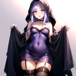 1girls 2024 ai_generated blush caster_(fate/stay_night) choker elf_ears fate_(series) female female_focus female_only kxy leaning_back lipstick looking_at_viewer medea_(fate) negligee panties purple_hair purple_lipstick pussy standing stockings