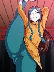 1boy braid bulge femboy feminine_male girly grin king_of_fighters long_hair looking_at_viewer male male_only nagiichi one_leg_up otoko_no_ko otokonoko shion_(kof) smile smiling_at_viewer smug solo standing standing_split tight_clothing tomgirl trap twin_braids