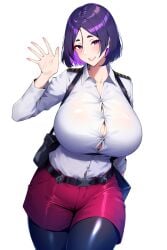 1girls ai_generated alteryors belt black_tights blush button_gap cleavage cute eyeshadow fate/grand_order fate_(series) flipped_hair huge_breasts large_breasts looking_at_viewer mature_female minamoto_no_raikou_(fate/grand_order) novelai one_arm_behind_back purple_eyes purple_hair shirt short_hair shorts smile solo tight_clothing tights waving white_background white_shirt