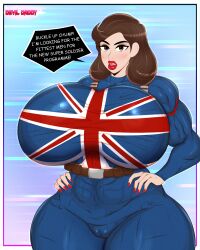 1boy 1girls bodysuit breasts captain_carter devil_daddy dialogue female gigantic_breasts huge_breasts human male marvel marvel_comics peggy_carter text tight_clothing