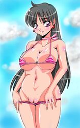 bishoujo_senshi_sailor_moon black_hair breasts clothes color earrings female female_only hair human large_breasts long_hair navel open_eyes purple_eyes pussy rei_hino solo standing swimsuit takeshi_aono vulva