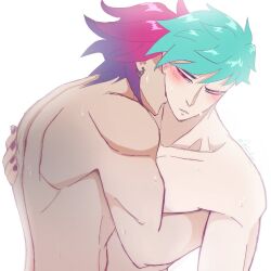 aphelios aqua_hair blush gay heartsteel_aphelios heartsteel_kayn heartsteel_series implied_sex kayn kissing_neck league_of_legends male male/male male_with_painted_nails muscular muscular_male neck_kiss painted_nails pink_hair purple_hair sex two_tone_hair yaoi