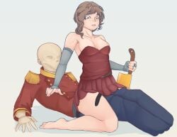 1girls brown_hair hypixel hypixel_skyblock knife minecraft mort_(hypixel_skyblock) ophelia_(hypixel_skyblock) reverse_cowgirl_position weapon