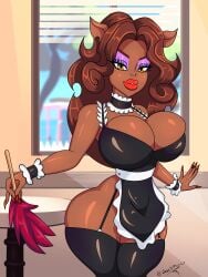 background big_breasts bimbo bimbo_body bimbo_lips clawdeen clawdeen_wolf dark-skinned_female ebony eyelashes eyeliner female hourglass_figure jose12mexico maid maid_headdress maid_outfit maid_uniform mattel monster_high suggestive suggestive_look suggestive_pose warewolf wolf wolf_ears wolf_girl