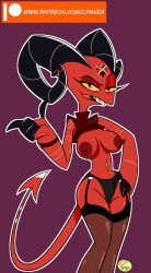 absurd_res anthro barbie_wire birthmark breasts claws demon fangs female helluva_boss hi_res horn ilpanza imp markings nipples open_mouth open_smile panties partially_clothed red_body red_eyes simple_background smile solo tattoo teeth thick_thighs