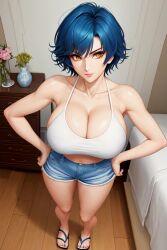 1girl 1girls ai_generated anime_style athletic athletic_female bangs bed bedroom belly belly_button big_breasts blue_hair booty_shorts breasts busty cleavage clothed clothed_female clothing dark_blue_hair deep_cleavage denim denim_bottomwear denim_shorts discipline discipline:record_of_a_crusade discipline_zero enmashusui fair_skin fanart female female_focus female_only fit fit_female footwear fringe fringe_hair front_view hands_on_hips huge_boobs huge_breasts huge_tits indoors large_boobs large_breasts legs light_skin light_skinned_female lips medium_hair metallic_hair miyagishi_yuuki navy_blue_hair no_bra perky_breasts pinup portrait pose posing realistic revealing revealing_clothes short_hair shorts slippers smile smiling smiling_at_viewer tank_top thick thick_legs thick_thighs thighs tight_clothing tight_fit toned toned_female top_down upper_body viewed_from_above wavy_hair white_tank_top yellow_eyes young young_woman