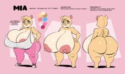 anthro areola ass big_areola big_breasts big_butt blue_eyes breasts clothing cricetid female fur hamster hi_res huge_areola huge_breasts huge_butt hyper hyper_breasts hyper_butt joaoppereiraus mammal mia_(joaoppereiraus) model_sheet multicolored_body multicolored_fur nipples nude rodent shirt short_stack shortstack solo sweatpants tank_top topwear two_tone_body two_tone_fur