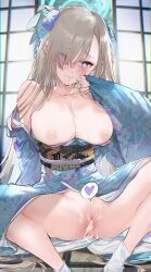 absurdres after_sex after_vaginal asuna_(blue_archive) blue_archive blue_eyes blue_halo blue_kimono blush breasts cleaning_&_clearing_(blue_archive) cleavage collarbone commentary_request cum cum_in_pussy cum_inside female hair_over_one_eye halo highres indoors japanese_clothes kimono kurotsuki_machi large_breasts light_brown_hair long_hair long_sleeves looking_at_viewer millennium_science_school_student nipples obi open_mouth sash smile socks solo white_socks wide_sleeves