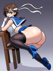 1girls ass ass_focus big_ass big_breasts bottomless bottomless_skirt breasts brown_eyes brown_hair capcom chair female female_only headband high_heels huge_ass legs_up sakura_kasugano school_uniform schoolgirl short_hair skirt solo solo_female solo_focus starjart stockings street_fighter thick thick_ass thick_thighs tomboy