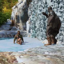 1human 3d 3d_(artwork) 3d_model 3orcs 4boys 4males collared_shirt enslaved helpless_hero human_slave interrupted interspecies leaving masculine oc original original_characters outdoors slave_collar wereorc_(artist) wet_body wet_skin