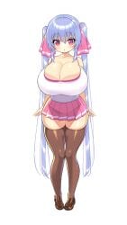 bangs barely_contained big_breasts blue_hair cleavage collarbone hair_between_eyes hair_ornament hair_ribbon hourglass_figure huge_breasts knees_together_feet_apart looking_at_viewer o.o original pink_eyes riko_(shuz) shiny_hair shiny_skin shortstack shuz_(dodidu) skindentation skirt solo stockings stretched_clothing thick_thighs thighhighs tight_clothing twintails