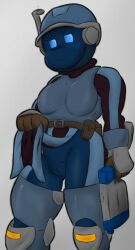 1girls ammo_pouch ankle_guards armor belt_pouch blue_body blue_eyes chest_armor clothing crotch_shot female helmet knight leather_belt leg_armor pelvic_curtain pelvic_curtain_lift pussy ribbed_gloves robot robot_girl sentient spiral_knights sweater_vest thigh_armor two_tone_clothing waist_belt