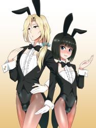 2boys black_hair blonde_hair blue_eyes blush bulge bunny_boy bunny_ears bunnysuit fake_animal_ears femboy feminine_male girly green_eyes leotard male male_only multiple_boys nagiichi original otoko_no_ko otokonoko pantyhose playboy_bunny tomgirl trap