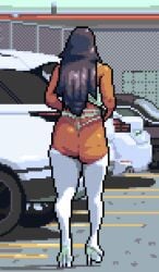 back back_view baldur_89 big_ass bikini_bottom black_hair car cellulite dark-skinned_female dark_skin heels pixel_art prostitute prostitution revealing_clothes walking