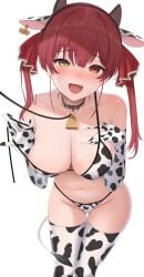 1girls animal_ears animal_print armwear bare_shoulders bell bikini blush breasts cleavage collar cow_ears cow_horns cow_print cow_print_armwear cow_print_bikini cow_print_legwear cow_tail cowbell ear_tag embarrassed eyebrows eyebrows_visible_through_hair eyelashes fake_animal_ears fake_horns gloves hair_ribbon heterochromia highres hololive hololive_fantasy hololive_japan horns houshou_marine kachikachipiroo large_breasts leash leash_and_collar leash_pull legwear long_hair looking_at_viewer neck_bell oerba_yun_fang open_mouth print_bikini print_gloves print_thighhighs red_eyes red_hair ribbon simple_background solo strap_pull sweat swimsuit tail thighhighs twintails virtual_youtuber white_background yellow_eyes