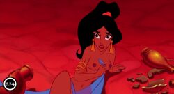 2d_animation accurate_art_style ai ai_generated aladdin animated bare_arms bare_breasts bare_legs bare_midriff bare_shoulders bare_thighs barefoot belly_button black_hair black_ponytail blue_silk bracelet brown_eyes brown_skin dark-skinned_female dark_skin disney earrings evil_queen_jasmine exposed_breasts exposed_nipples gold_(metal) gold_bracelet gold_earrings gold_jewelry golden_bracelet golden_earrings harem_girl jafar_harem_outfit lipstick long_hair midriff naked naked_female navel nipples nipples_exposed nipples_outside ponytail princess_jasmine red_lipstick slave slavegirl