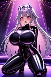 ai_generated arms_behind_back blush blush_lines gigantic_breasts hololive hololive_english hololive_english_-advent- humiliation kneeling koseki_bijou latex latex_suit nightclub performance performing shocked stable_diffusion suprised sweatdrop sweating thick_thighs virtual_youtuber wide_hips