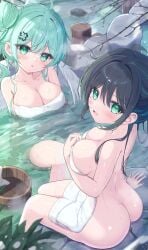 2girls ahoge black_hair green_eyes green_hair hair_bun hot_spring huge_ass huge_breasts looking_at_viewer mikaze_oto naked_towel neoteny onsen original original_characters partially_submerged rear_view short_hair sitting thick_thighs wet wet_body wet_skin wide_hips wooden_bucket