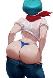 1girls artist_request ass big_ass blue_hair bulma_briefs dragon_ball female large_breasts panties solo solo_female unknown_artist wet_clothes